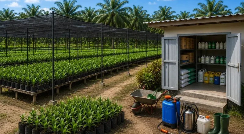 gudang penyimpanan di kebun pembibitan kelapa sawit